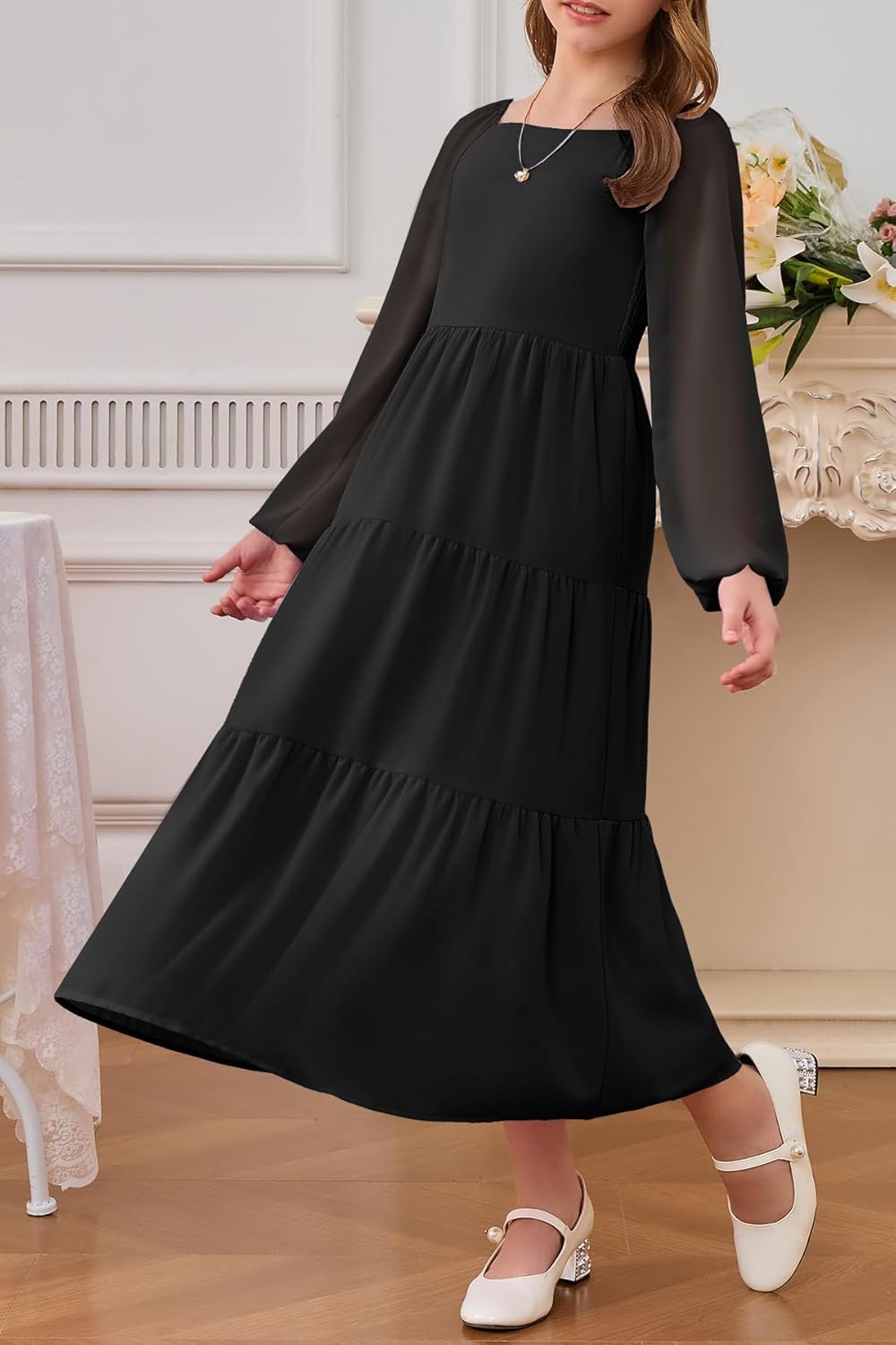 YOVION Girls Fall Long Sleeve Maxi Dress Chiffon A-Line Smocked Tiered Flowy Formal Wedding Guest Dresses for 6-12 Y - Image 3