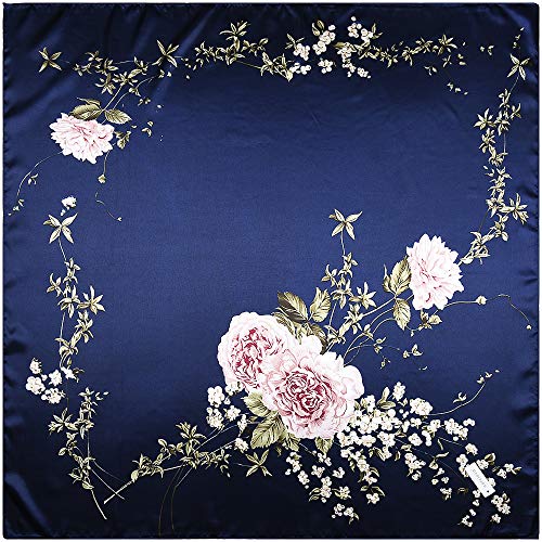 Corciova 4331308467 35 X 35 Large Women Satin Square Silk Feeling Hair Scarf Wrap Headscarf Navy Floral Flowers thumb #4