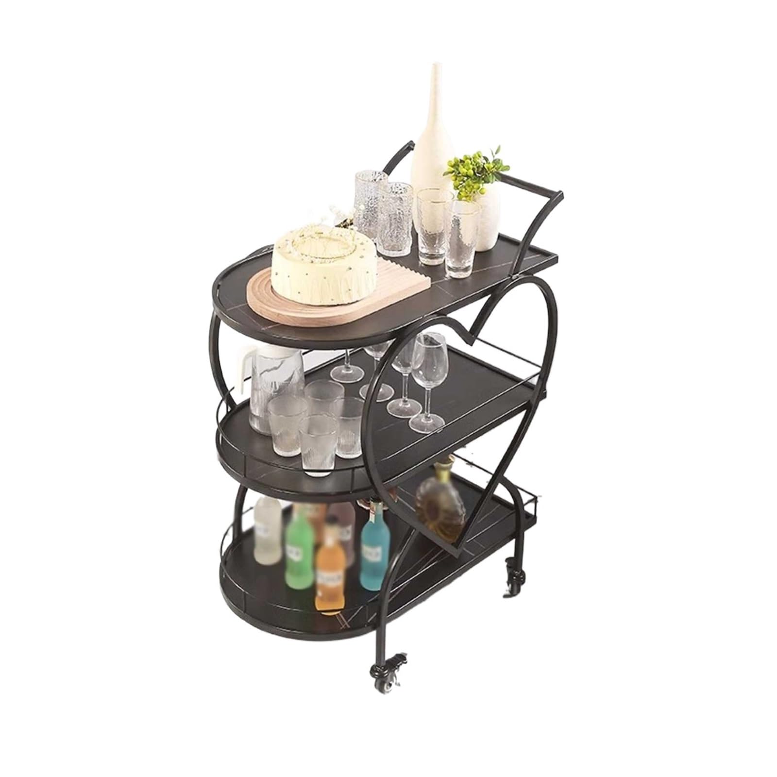 Carrello Multiuso da Cucina Carrelli Bar Neri con Ripiani a 3 Livelli, Carrello Bar Mobile for la casa, Cucina, Soggiorno, Sala da Pranzo Carrello di Servizio