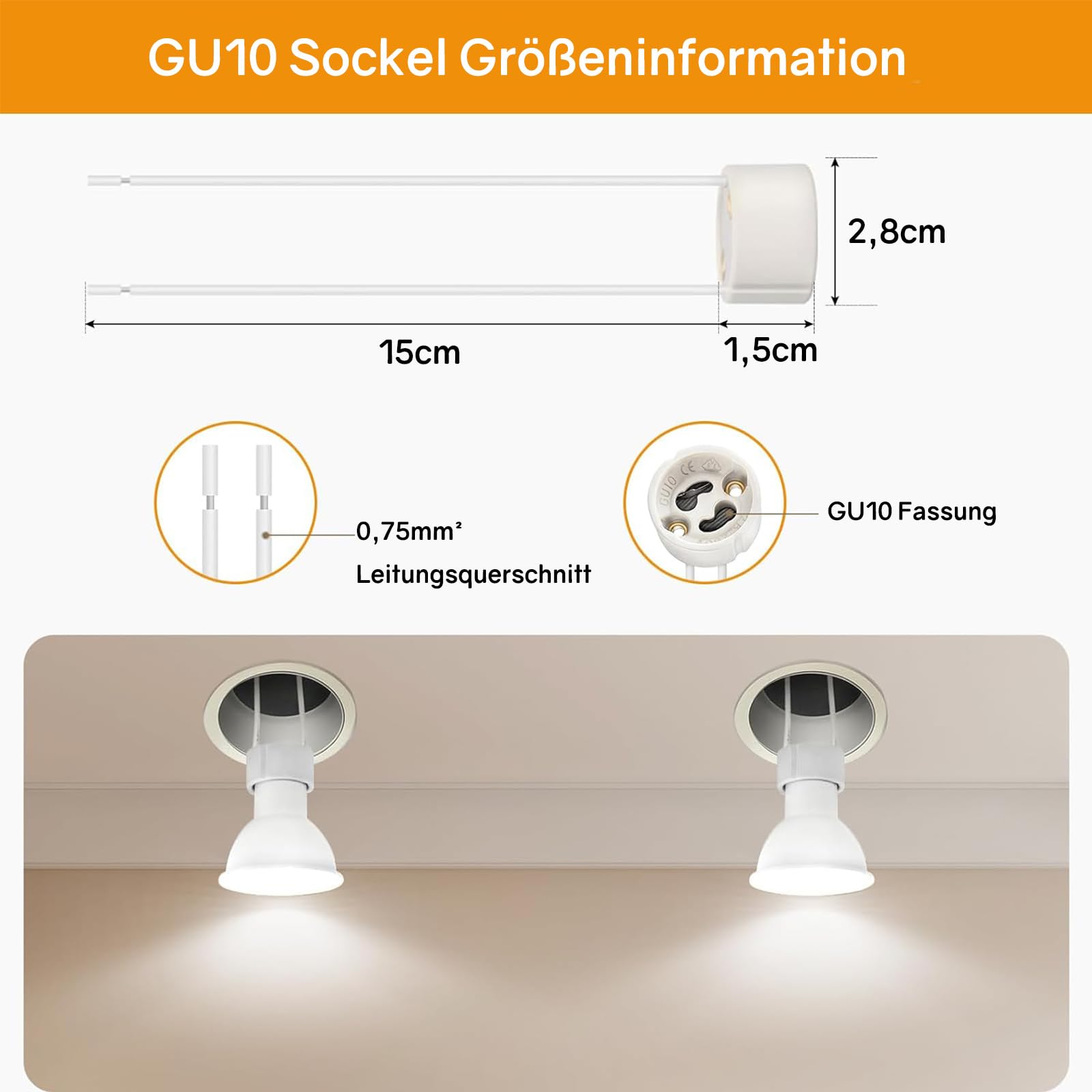Powice Oprawka GU10, 15 cm oprawka lampy z ceramiki, 12 oprawek GU10, oprawka GU10 z kablem, VDE i CSA, ceramiczna podstawa GU10 do LED, żarówek, halogenów i lamp