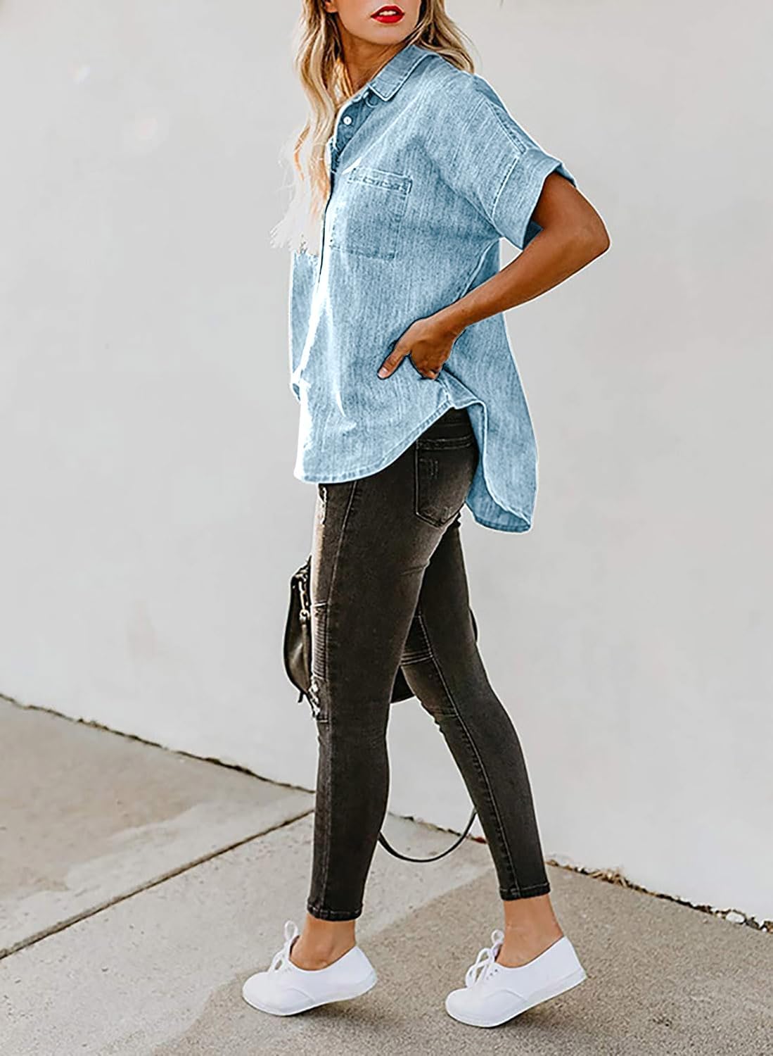 utcoco Women's Button Down Denim Shirt Casual Loose Short Sleeve Jean Shirts Tops with Pockets - Image 6
