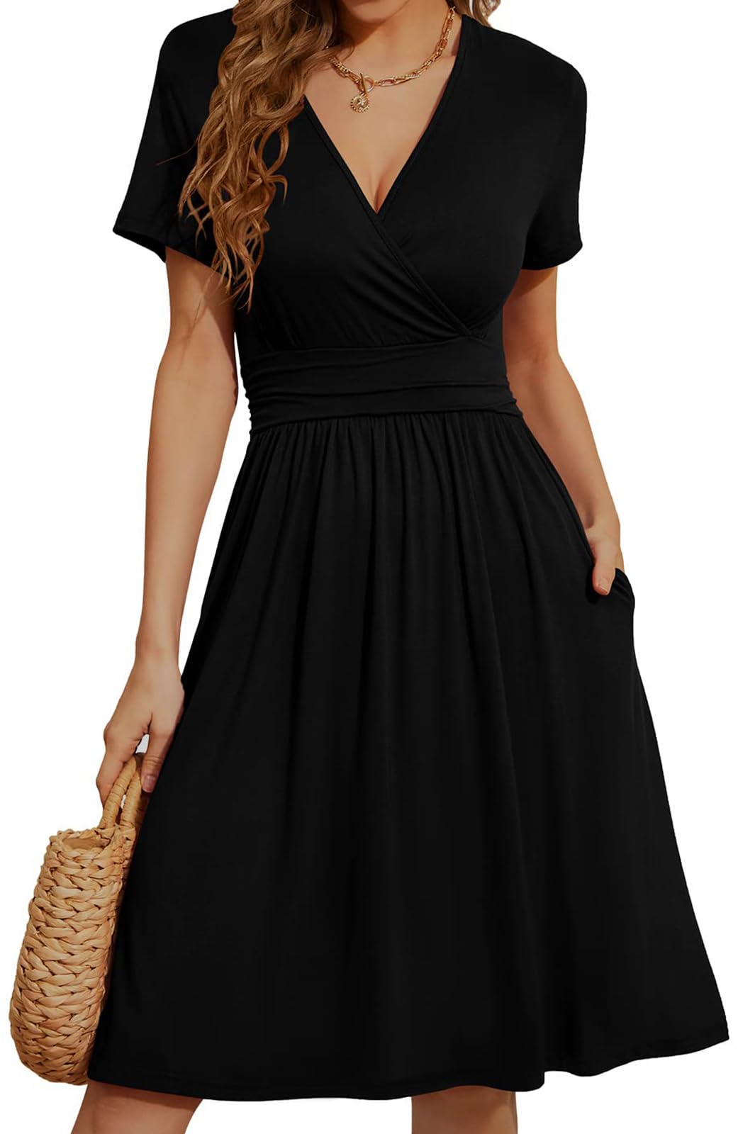 Women Casual Summer Dress 2025 Beach Vacation Floral Sundress Short Sleeve Wrap V-Neck Modest Dresses