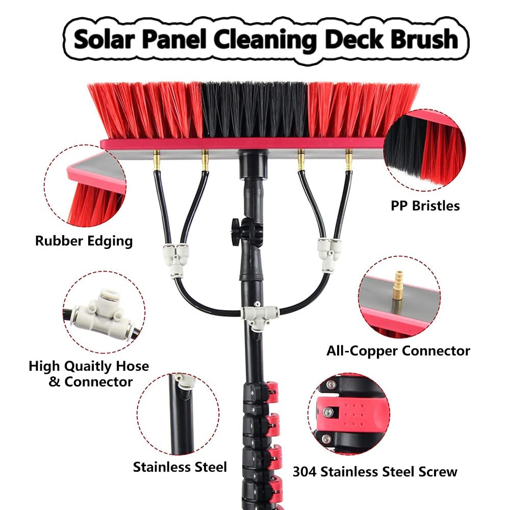 Herramienta de limpieza de paneles solares, poste extensible ajustable con cabezal de cepillo giratorio de 35 cm, limpiador de ventanas alimentado por agua para altura, alcance 3,6 m