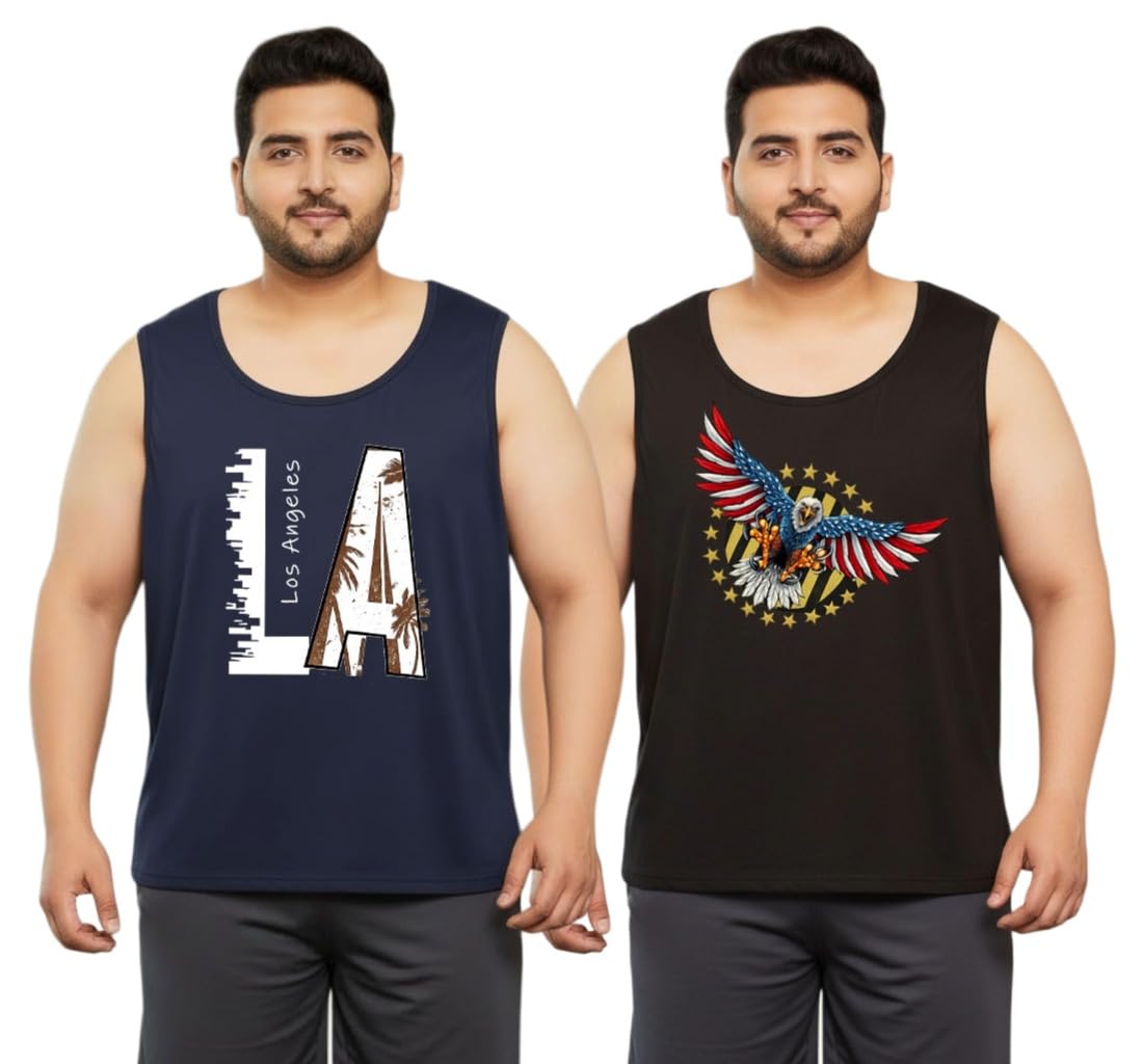 Pack of 2 Navy Black Mens Cotton Graphic Printed Plus Size Vest-image-44