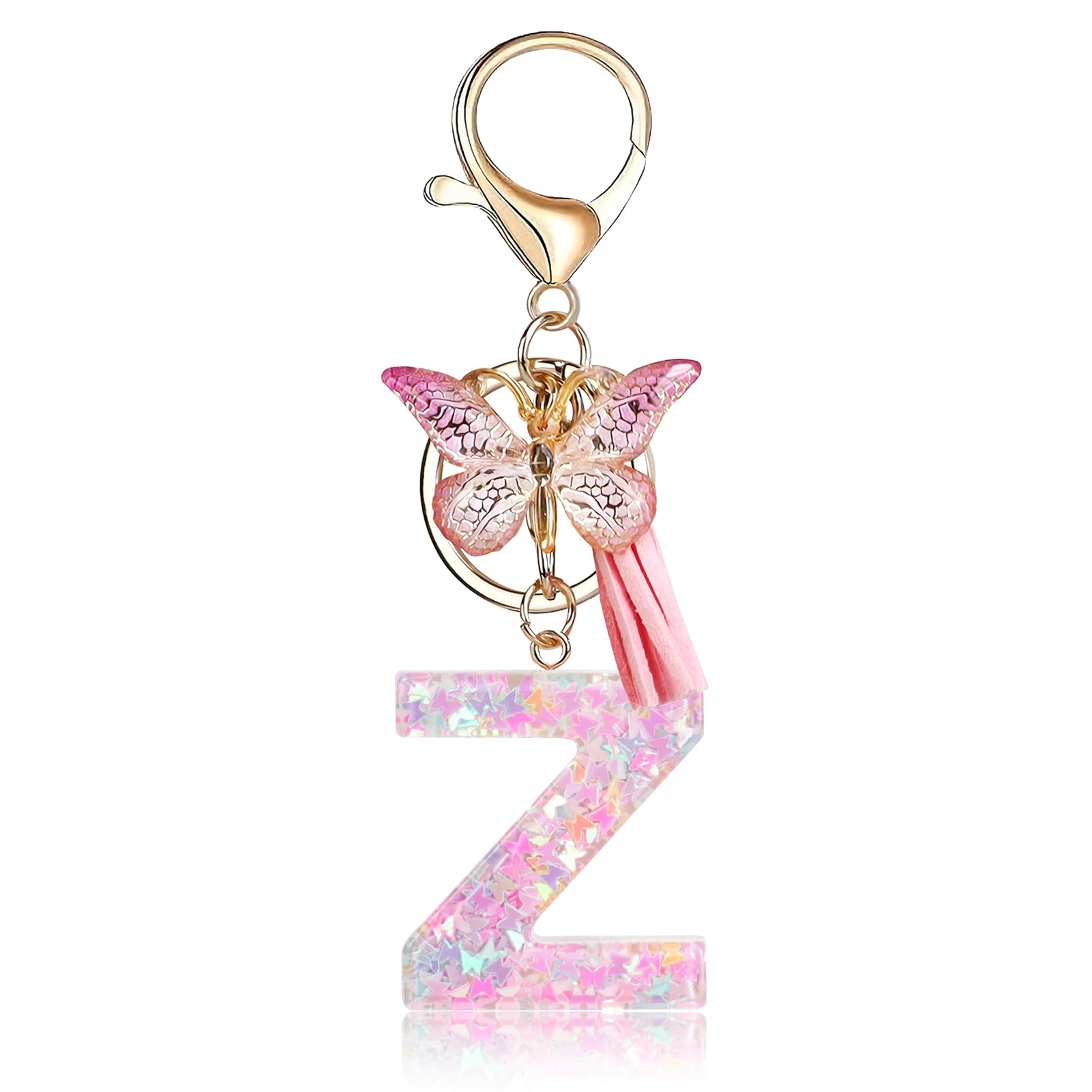Fmeida Initial Letter Keychains for Women Cute Pink Keychain with Tassel& Butterfly