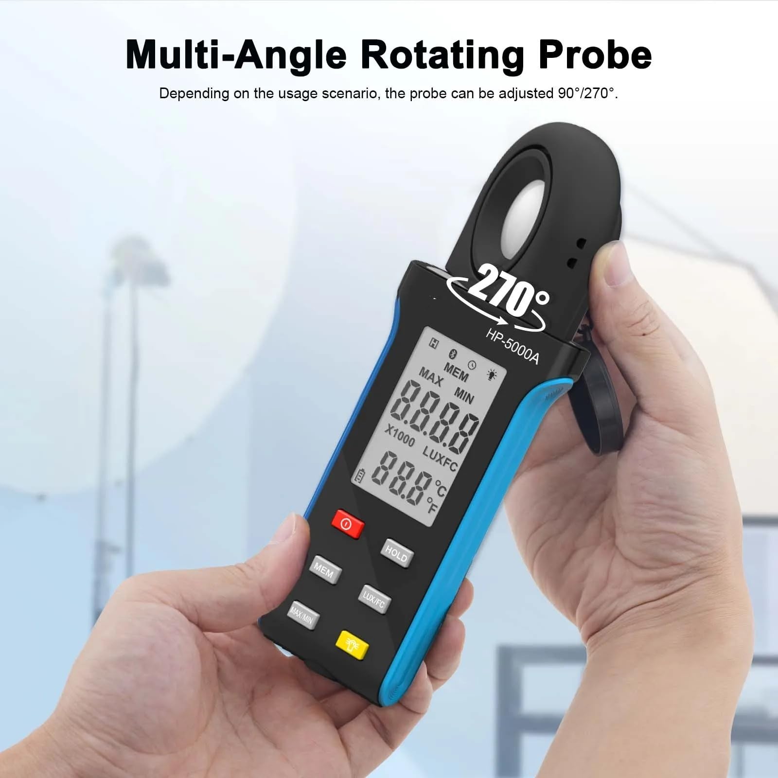 Medidor de luz, Medidor de iluminancia, probador medición física fotométrica, Respuesta rápida Baja Potencia, ángulo Ajustable 90° o 270°