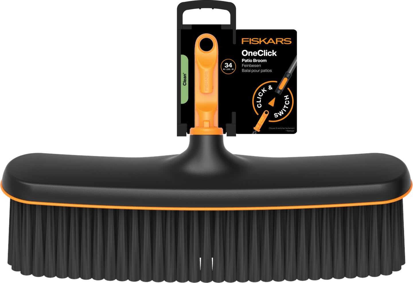 Fiskars OneClick Feinbesen, Terrassenbesen-Aufsatz mit weichen Borsten, Müheloses Wechseln mit nur einem klick, Für Holzdecks und Betonböden, Schwarz/Orange, 1080700