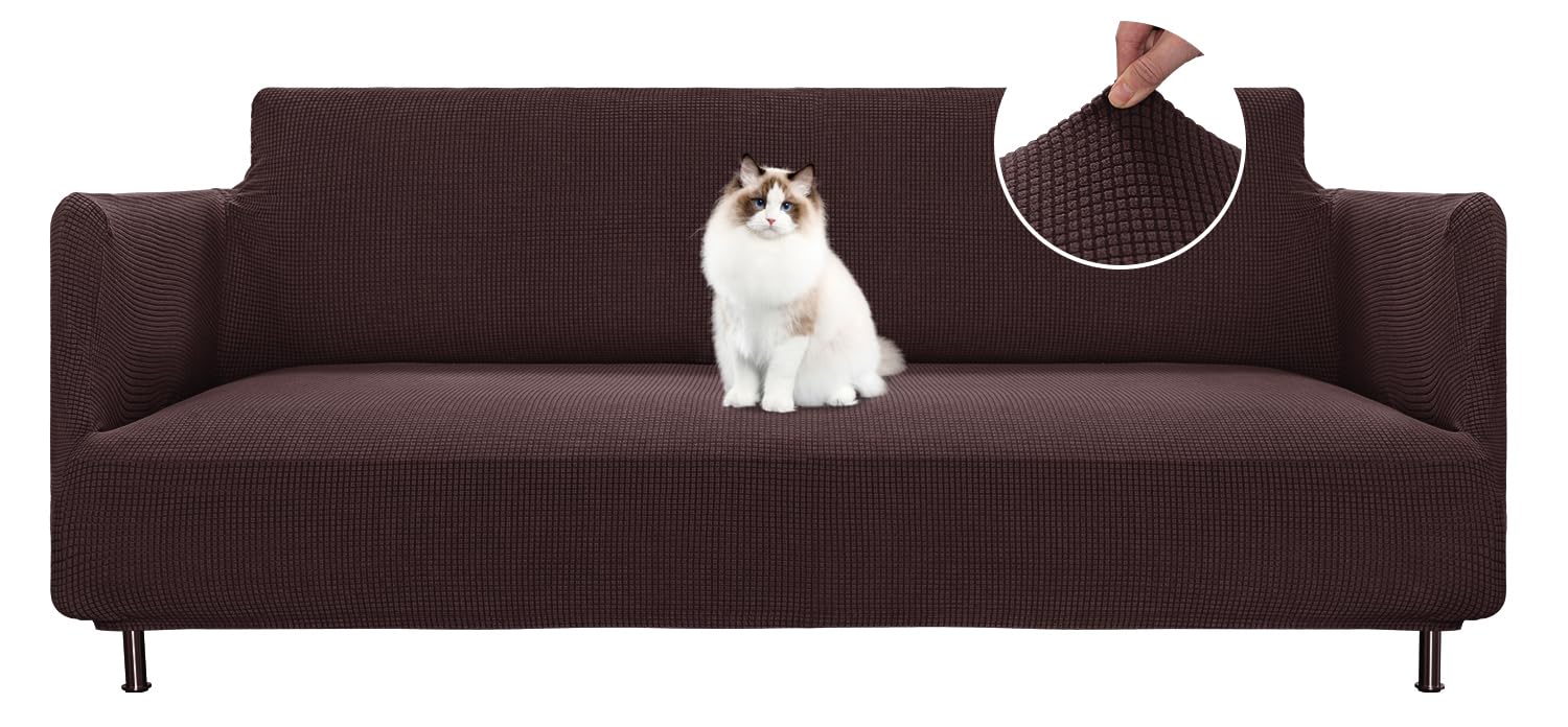 BellaHills Copri Divano 3 Posti con Braccioli(190-225cm), Copridivano Antigraffio Gatto, Universale Moderno Elasticizzato Copri Divano, Lavabile in Lavatrice, Telo Copridivano Impermeabile, Marrone