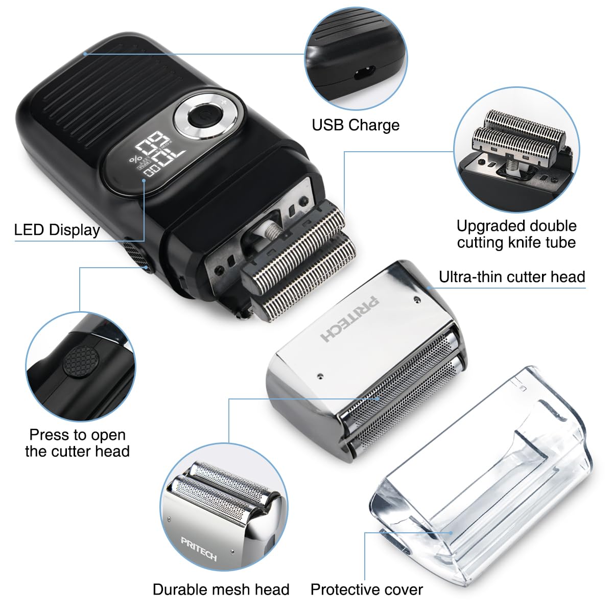 PRITECH Foil and Bald Shavers 2 in 1 Electric Shaver for Men Foil Blade and PopupTrimmer with Rechargeable 3 Adjustable Speeds Men's Shaver (Black Silver)