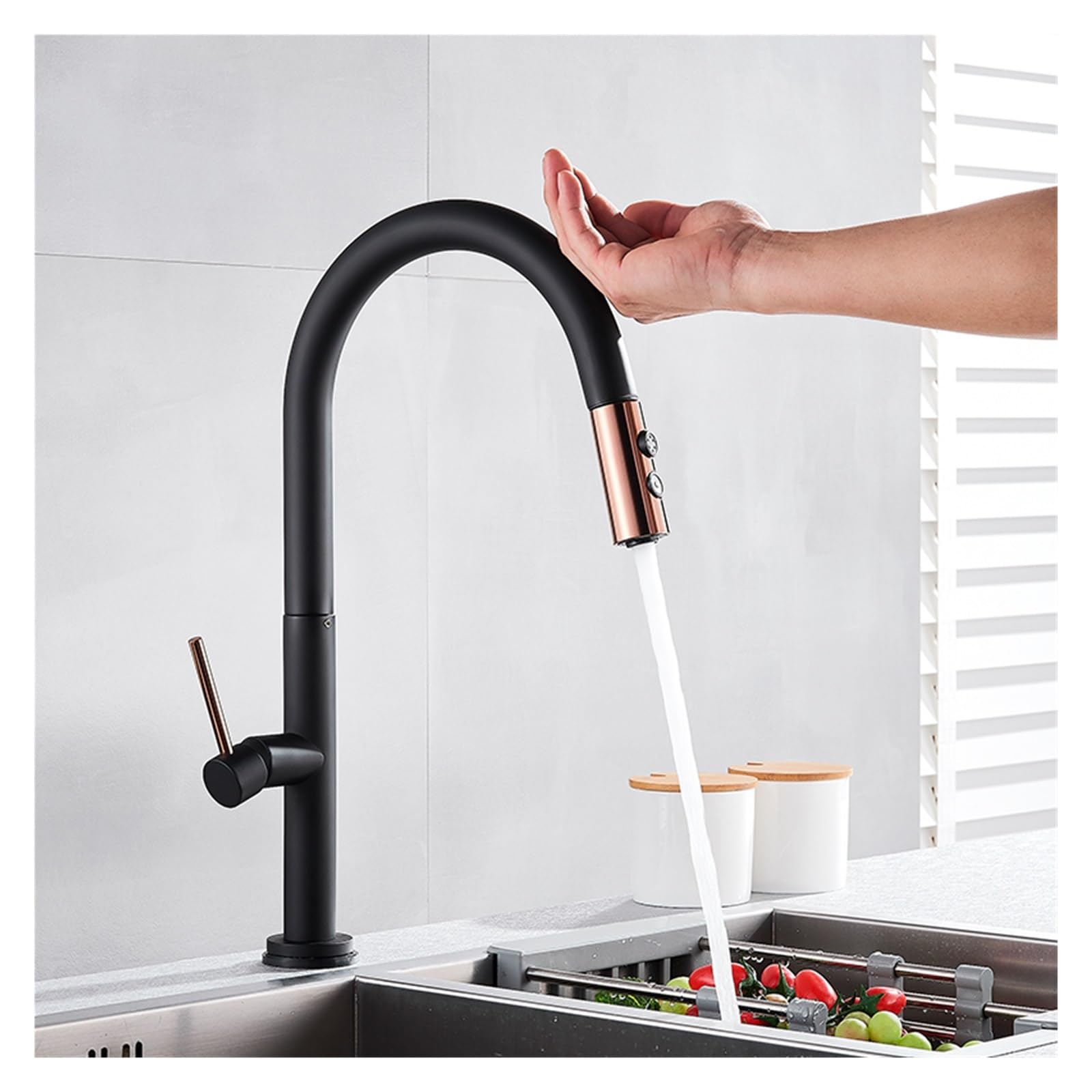 Robinet de cuisine blanc et noir mitigeur eau chaude et froide avec douchette sensor