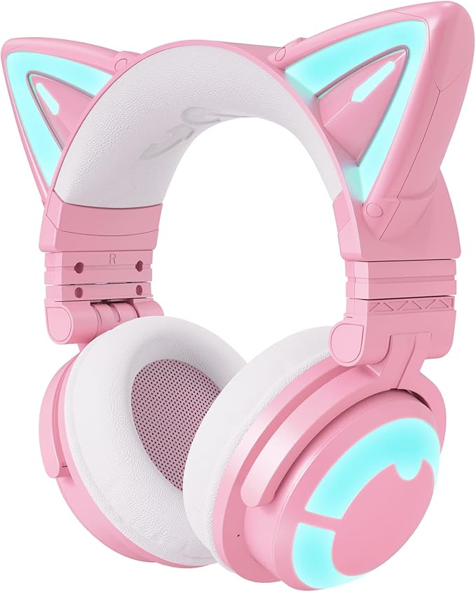 YOWU RGB Cat Ear Headphone 3G Wireless 5.0 Foldable Gaming Pink Headset with 7.1