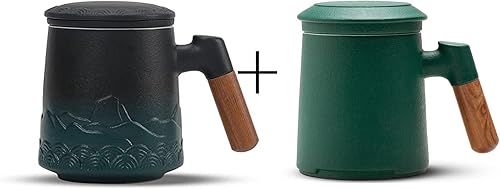ZENS Taza de té con infusor y tapa, 16.8 onzas de color negro y verde degradado en relieve grande y taza de té de cerámica esmaltada de cerámica