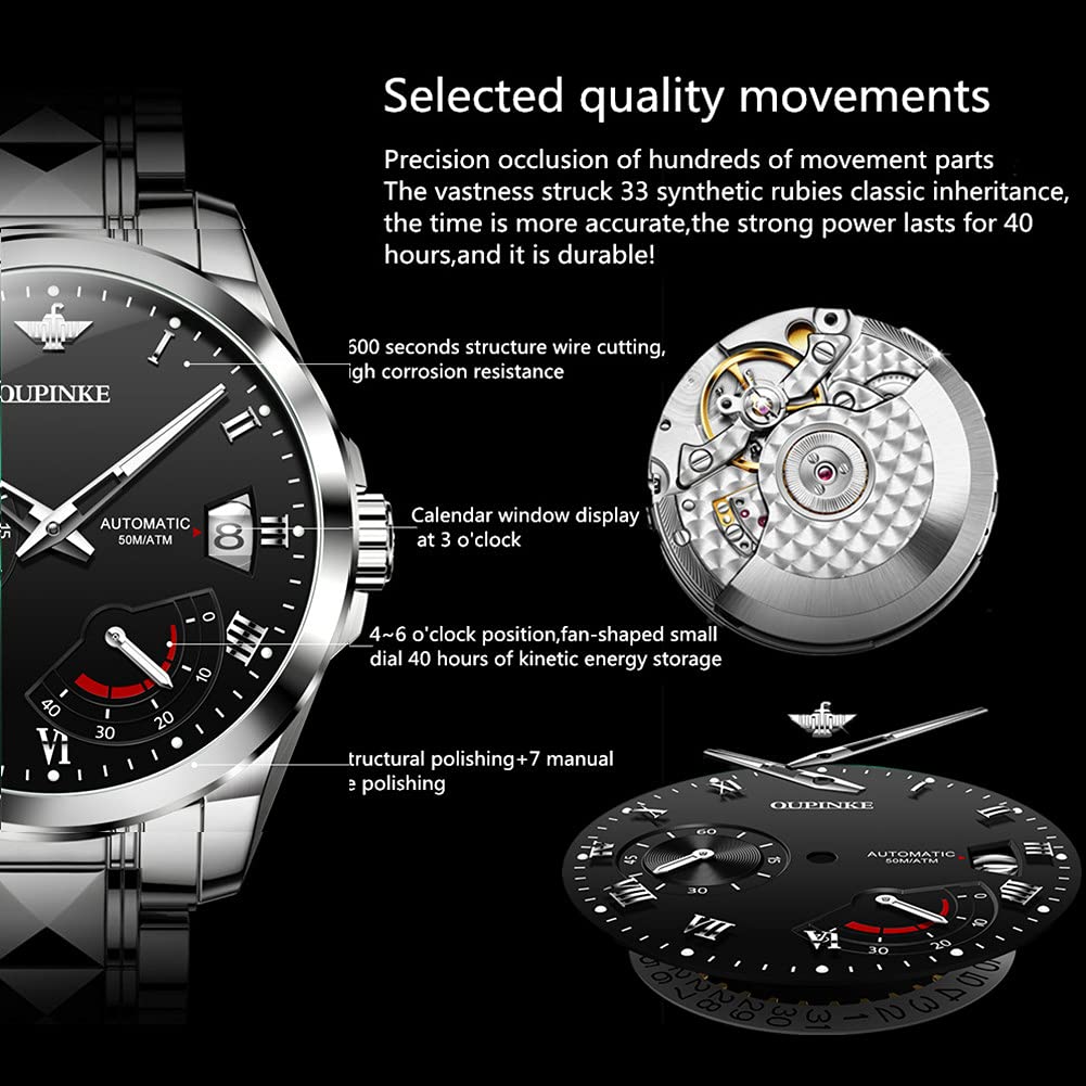 OUPINKE Relojes automáticos para hombres impermeables de cuerda automática relojes para hombres de moda mecánicos automáticos relojes, Negro,