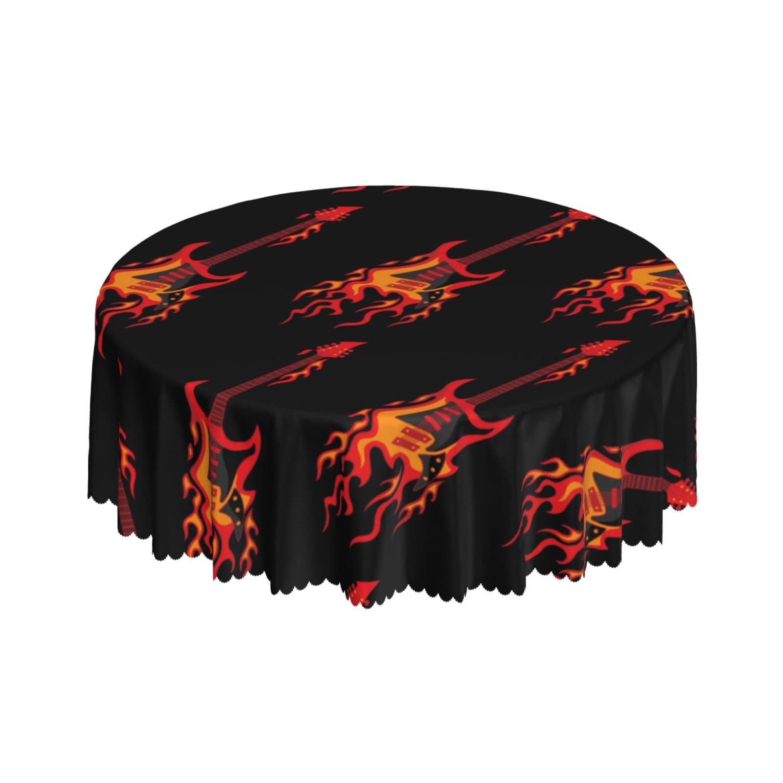 Lsjuee Burning Fire Guitars Black Round Tablecloth 60 Inch Printed Washable Tablecloth for Dining Party Holiday Fall Home Decorative