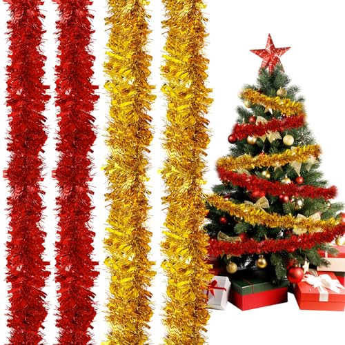 4 Pièces Guirlande de Décoration Noël (200cm) Guirlandes de Sapin Noel, Guirlande Métallique Brillante Ornements, Noël Garland, Grinalda Natal, Décoration Cheminée Fenêtre Mur Porte, Rouge et Or