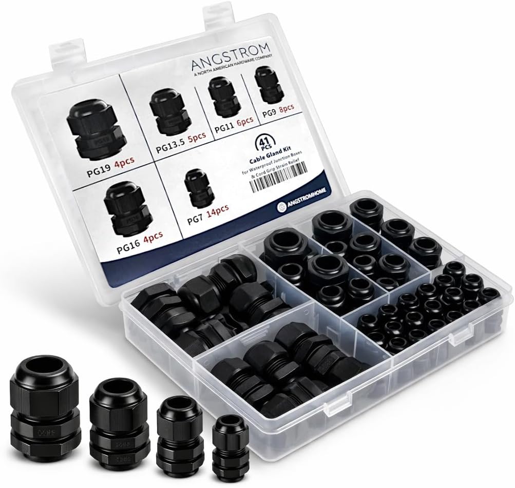 ANGSTROM 41pcs PG Cable Gland Kit for Waterproof Junction Boxes and Cord Grip Strain Relief PG7 PG9 PG11 PG13.5 PG16 PG19