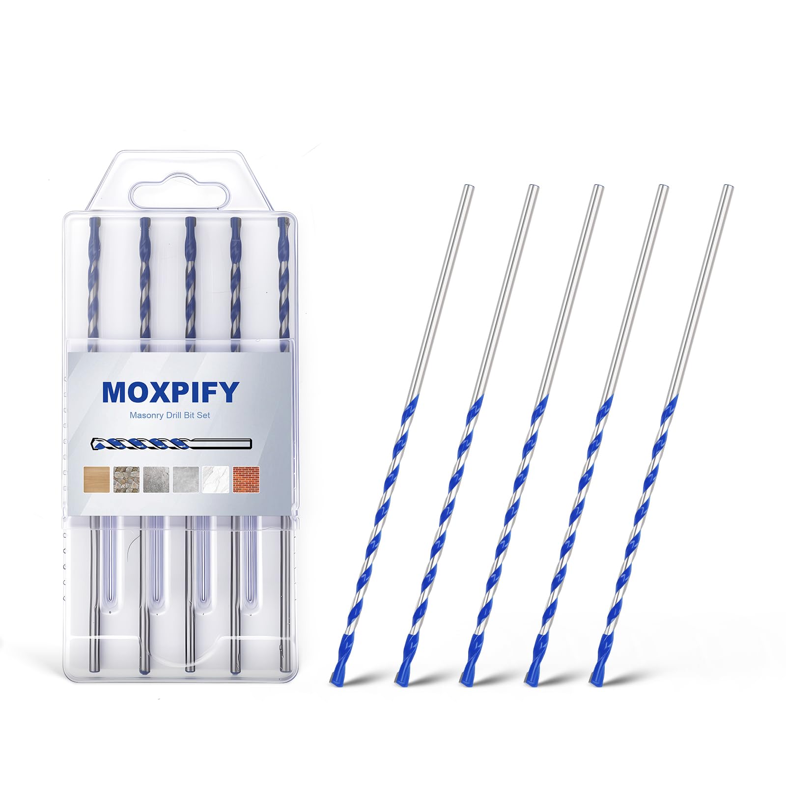 MOXPIFY 5pcs 4mm Masonry Drill Bit 150mm Extra Long, Tungsten Carbide Tip Concrete Drill Bits for Brick Wall Tile Porcelain (4mm x 150mm x 5, Round Shank)