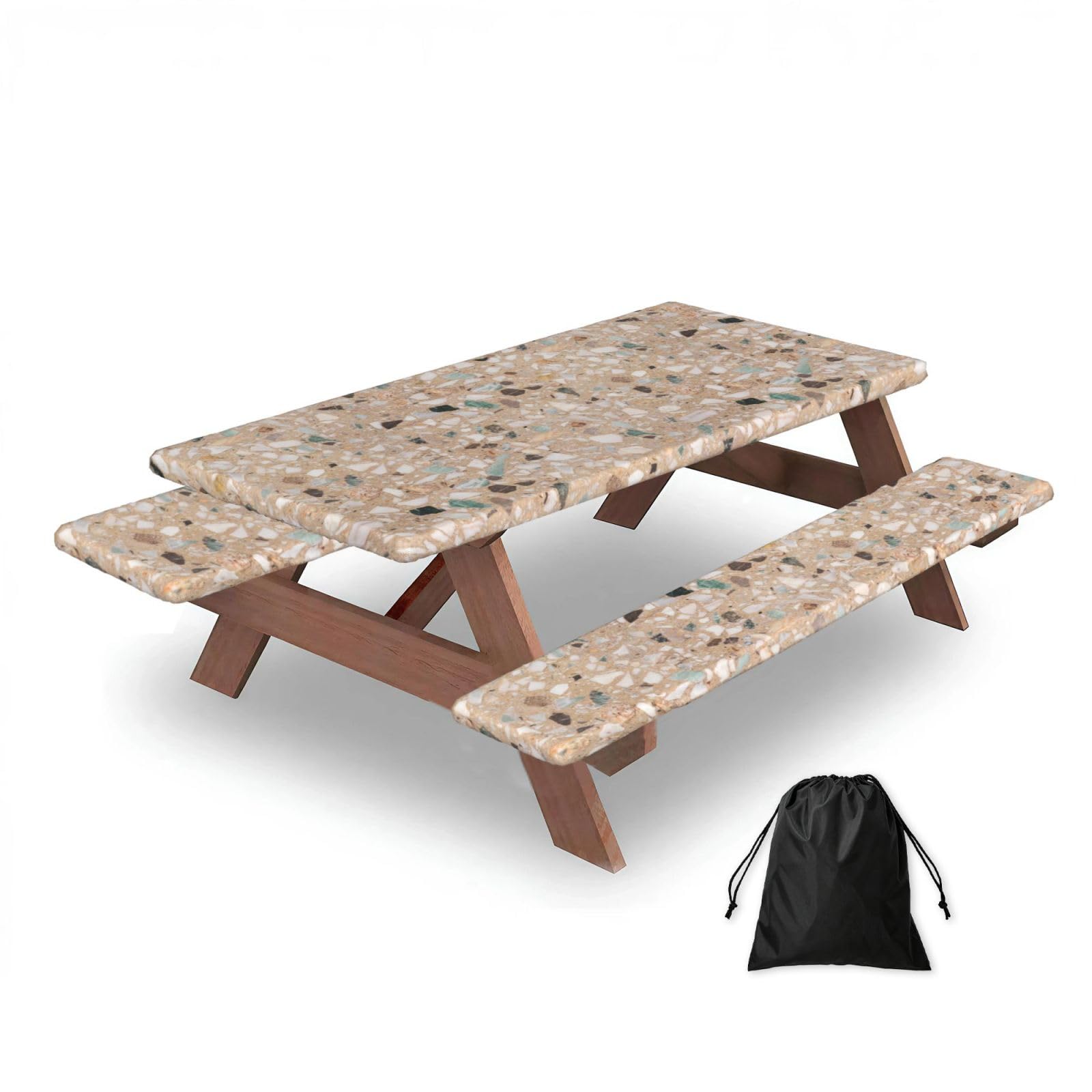 Dopklna As Picture Terrazzo Natural Stone, Picnic Table Cover With Bench Covers -Waterproof Elastic Fitted Tablecloth For Garden Camping Patio 76X152cm