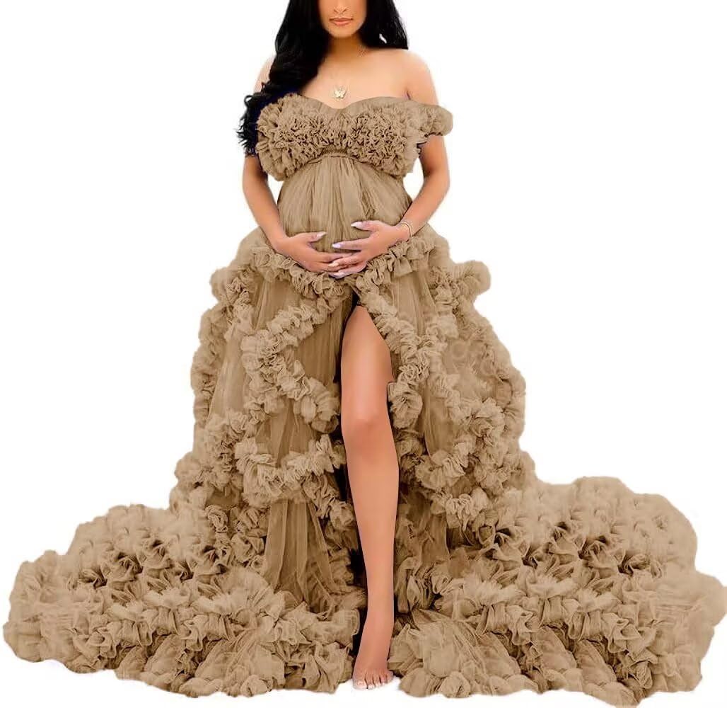 YIANN Brown Maternity Dress Tulle Robe Pregnancy Dresses for Photoshoot Off Shoulder Bridal Lingerie for Baby Shower Gown UK16