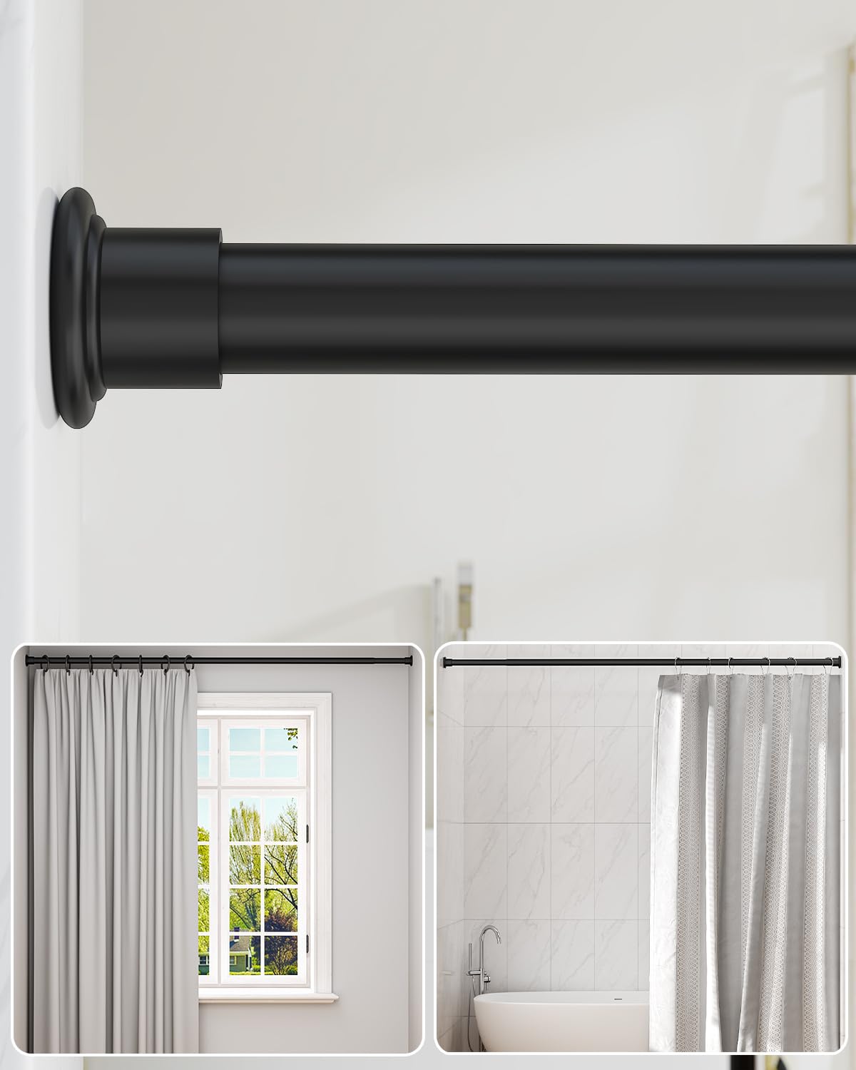 ALLZONE Heavy Duty Tension Shower Curtain Rod 42-83 Inches for Bathroom, Window, Non-Slip, Adjustable with Strong Spring Pole for Closet, Doorway, No Rust, No Drilling, Black