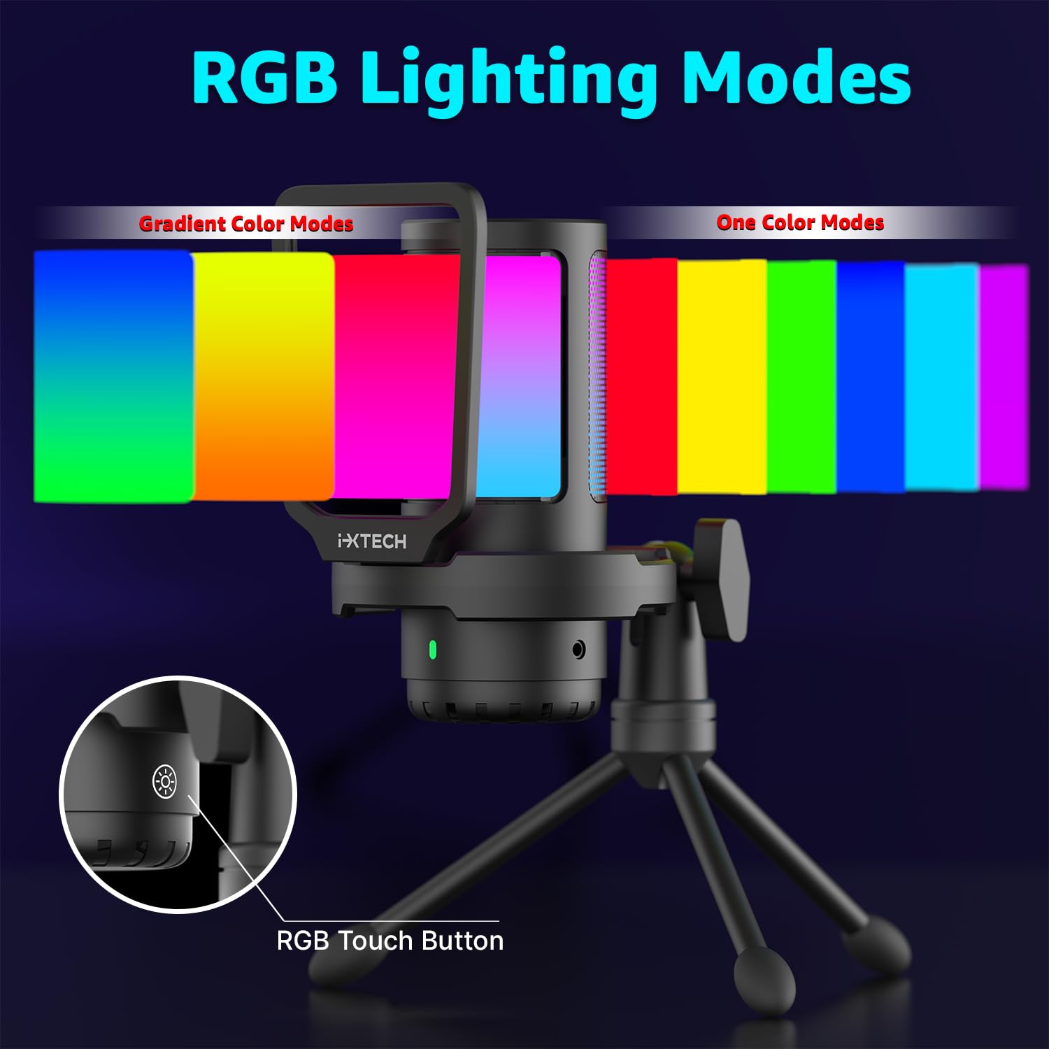 IXTECH Micrófono USB para juegos para PC, micrófono de condensador RGB con soporte de trípode, filtro pop, botón de ganancia de rotación y silencio rápido, micrófono de computadora con cancelación de