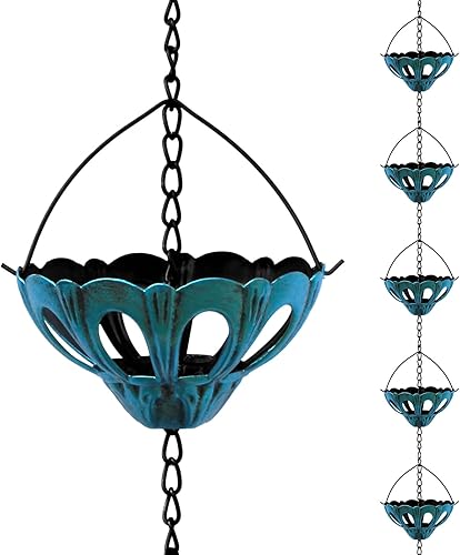 Cadena de lluvia de hierro forjado hecha a mano de 8.5 pies, diseño de copa de loto con colgante acrílico (azul, rojo, negro) (azul)