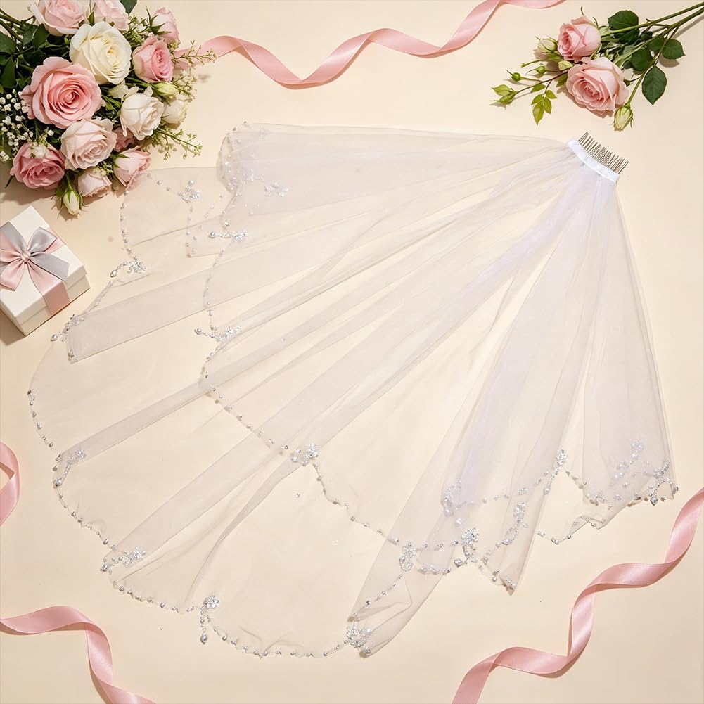 BENECREAT Velo Da Sposa A Un Solo Strato con Pettine, Velo Da Sposa con Perline, Doppio Strato, Classico, Bianco, In Tessuto Confortevole per La Cerimonia Nuziale, 600~800mm