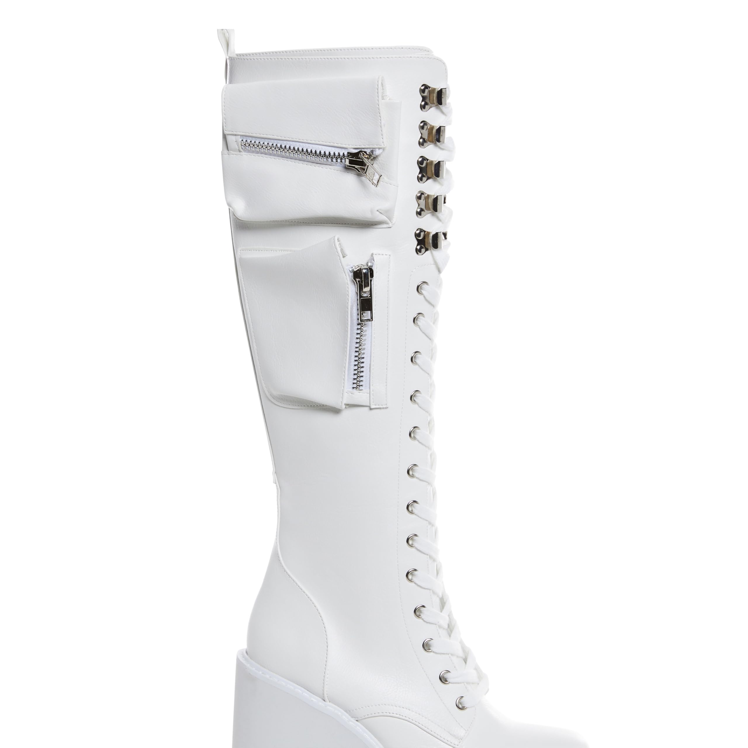 Dolls Kill Obsidian Pocket Platform Boots by Current Mood – Vegan Leather Knee High Boots for Grunge Fashion: 9 White