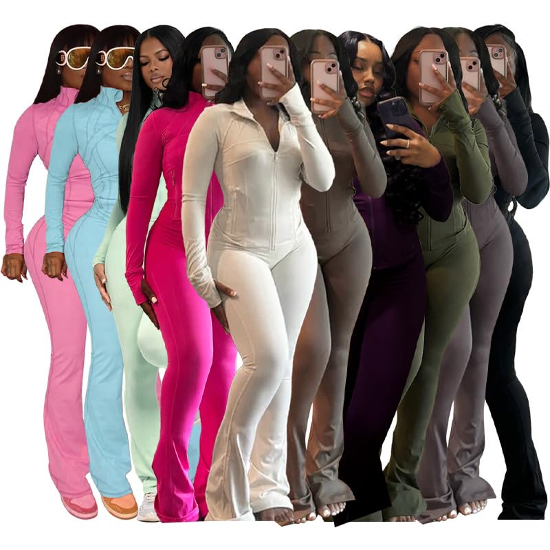 Molilove Womens 2 Piece Outfits Lounge Sweatsuit Set Long Sleeve Zipper Crop Jacket Long Flare Pants Tracksuits Workout Set4