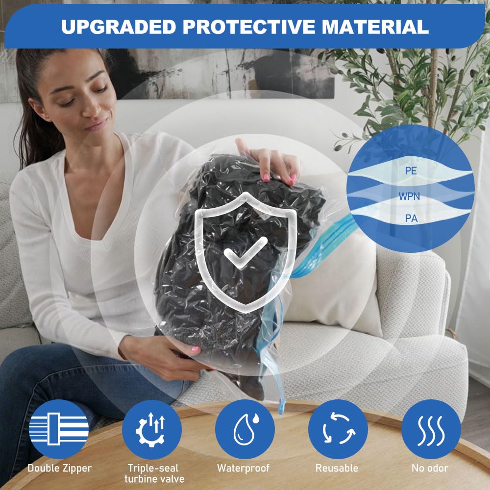 Vacbird Sacchi Sottovuoto Vestiti con Pompa Elettrica Usb, 6 Pezzi di Sacchetti Sottovuoto (2 * 40x40cm / 2 * 40x50cm / 2 * 40x60cm), Buste Sottovuoto Vestiti Riutilizzabili, Accessori Viaggio