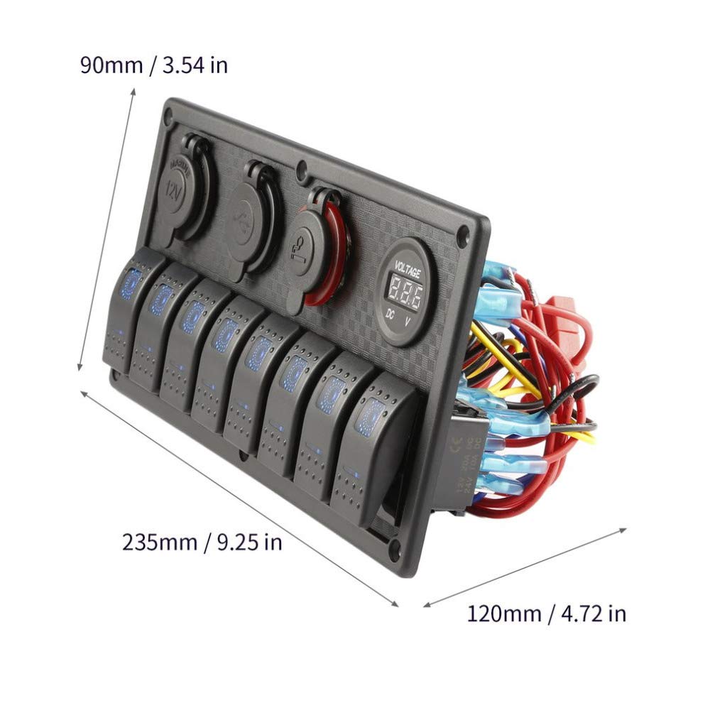 Pannello interruttori a bilanciere per marina/barca, 8 interruttori a levetta impermeabili con Voltmetro digitale e adattatore di alimentazione 3,1A Dual USB e presa accendisigari da 12V