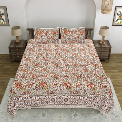 Image of Living Roots Jaipuri Hand Block Print Double Cotton Bedsheet & 2 Pillow Covers, for Mattress Upto 8 inches Thick, No Colour Bleeding, Orange Colour, Super King Size 96 * 104 inches, 150TC (580-A)