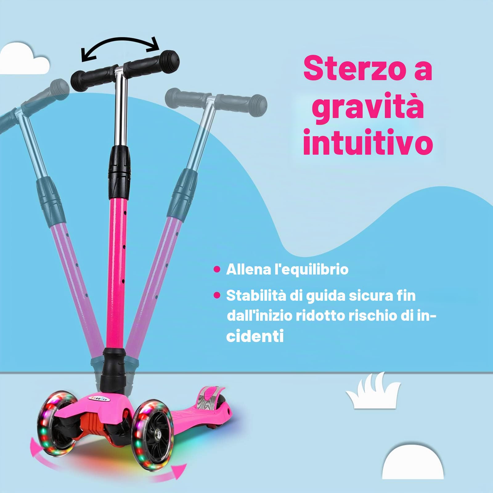 IMMEK Scooter per bambini, monopattino in poliuretano con luci a LED, scooter per bambini possono raggiungere tre altezze diverse
