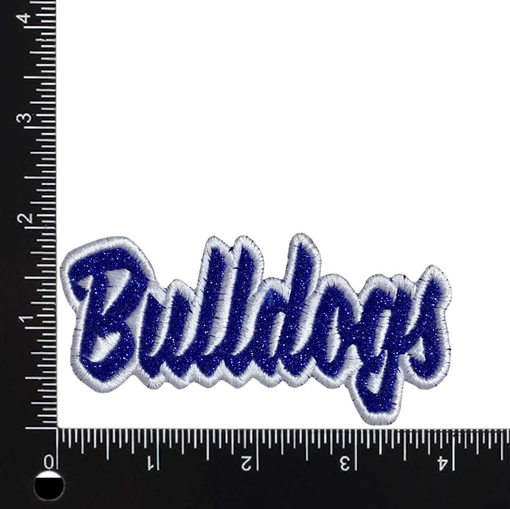 Bulldogs Mascot, Team Name, Embroidered, Iron on Patch (Royal Blue Glitter/White Outline)
