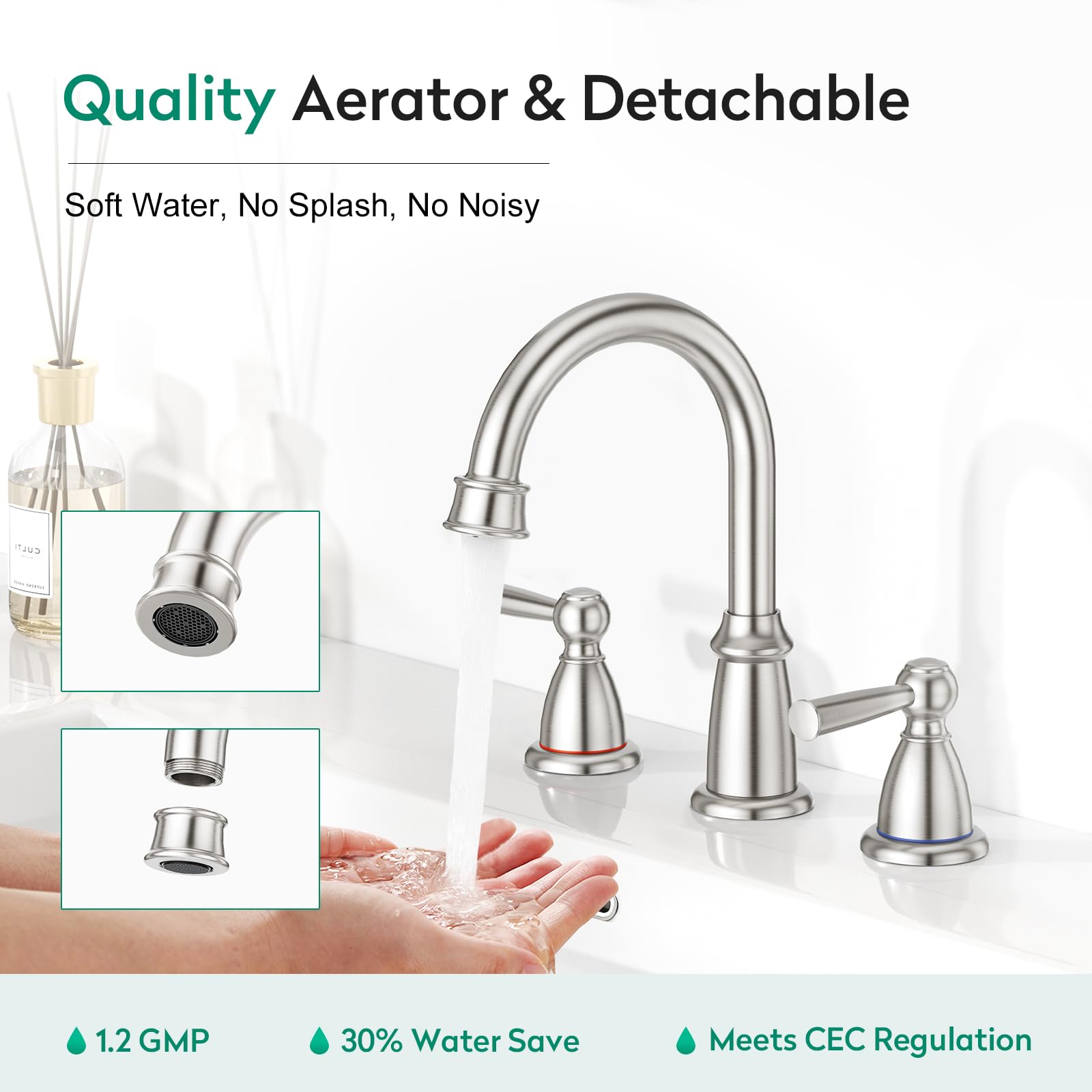 CREA Rubinetto da bagno a 2 maniglie a 3 fori, rubinetti da bagno diffusi da 20 cm con scarico pop-up per troppopieno del lavandino, 3 pezzi rubinetto in nichel spazzolato per rubinetto miscelatore