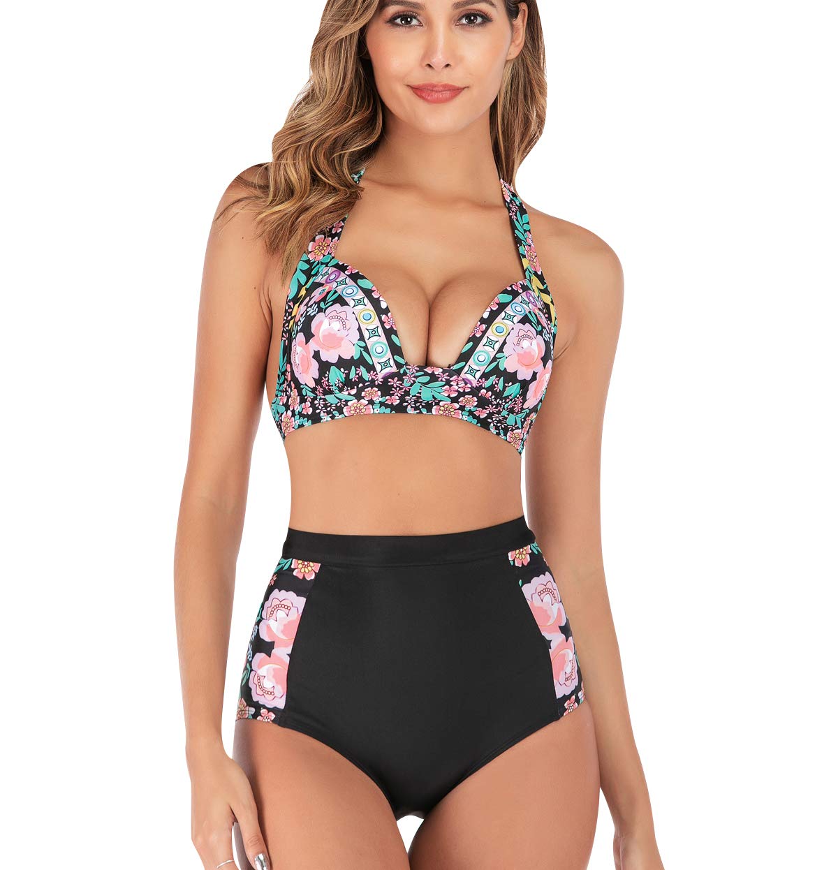 ODOKEI Bikini Talle Alto Push Up Mujer Trajes de Baño Flores de Dos Piezas Biquini Braga Alta Vikini Bañador Piscina Playa Trikini Mujeres Conjunto de Bikinis Cintura Alta Señora Bañadores Natacion