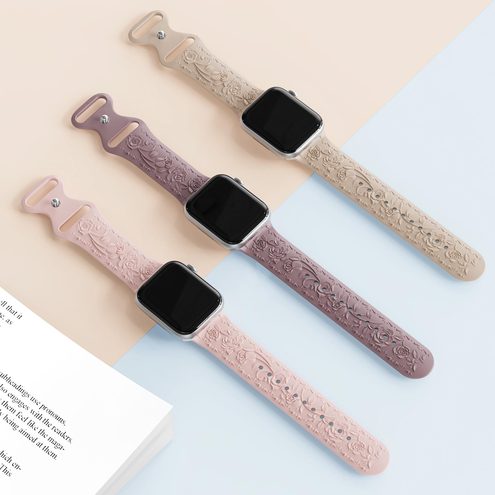 3 Stück Floral Gravierte Armband Kompatibel mit Apple Watch Band 40mm 41mm 38mm 42mm 44mm 45mm 49mm, Silikon Rose Ersatzarmband Kompatibel mit iWatch Armband Se Ultra 9 8 7 6 5 4 3 2 1