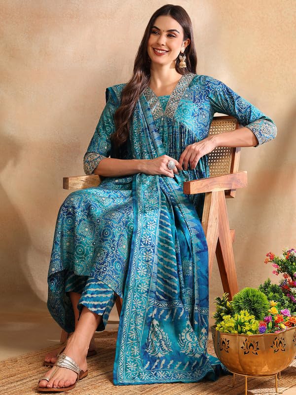 Image of Vaamsi Women's Silk Blend Ethnic Motifs Printed Anarkali Kurta Pant With Dupatta
