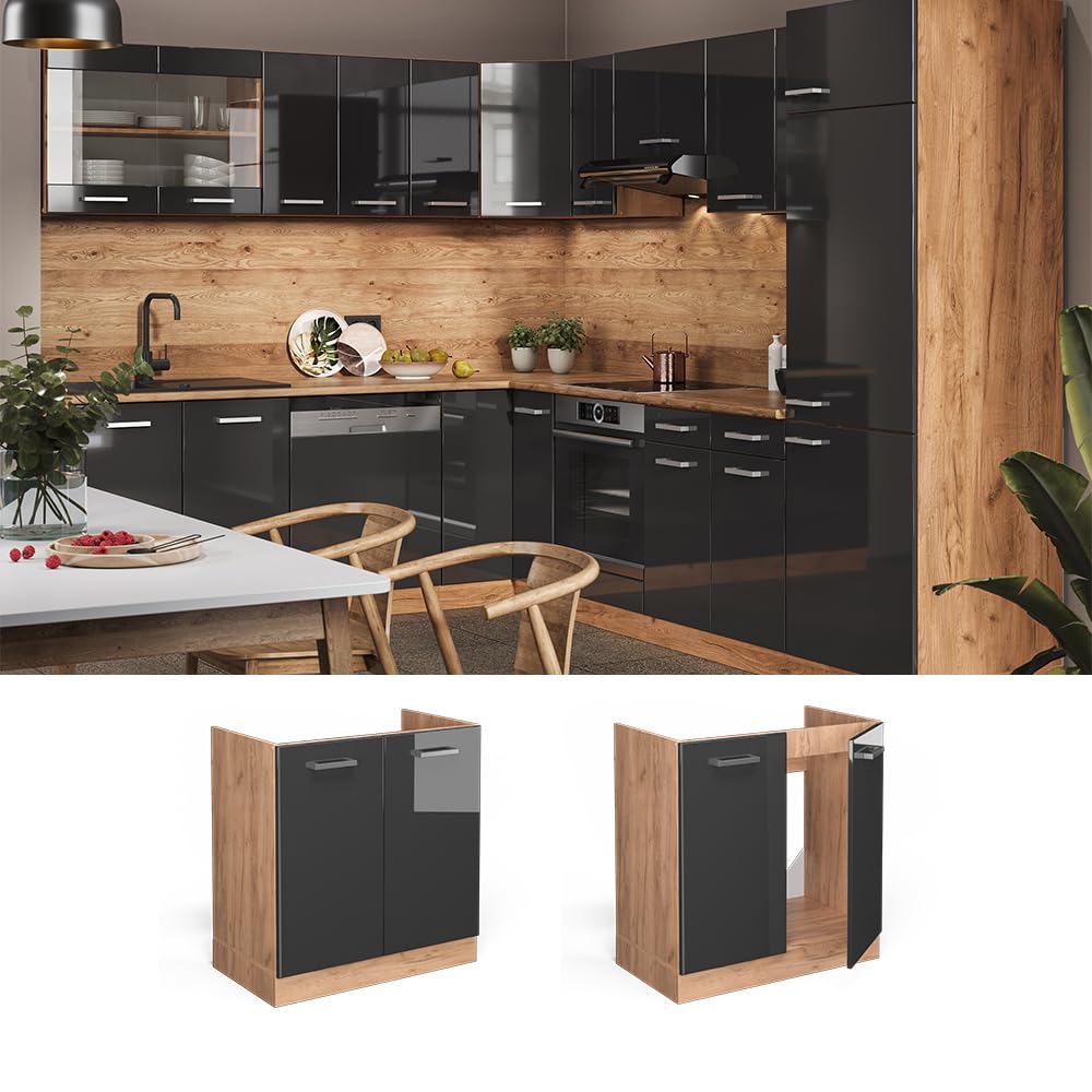 Vicco Mobile lavello cucina R-Line, Antracite lucido, 80 cm senza piano di lavoro, per la libera combinazione all'interno di sistemi cucina modulari