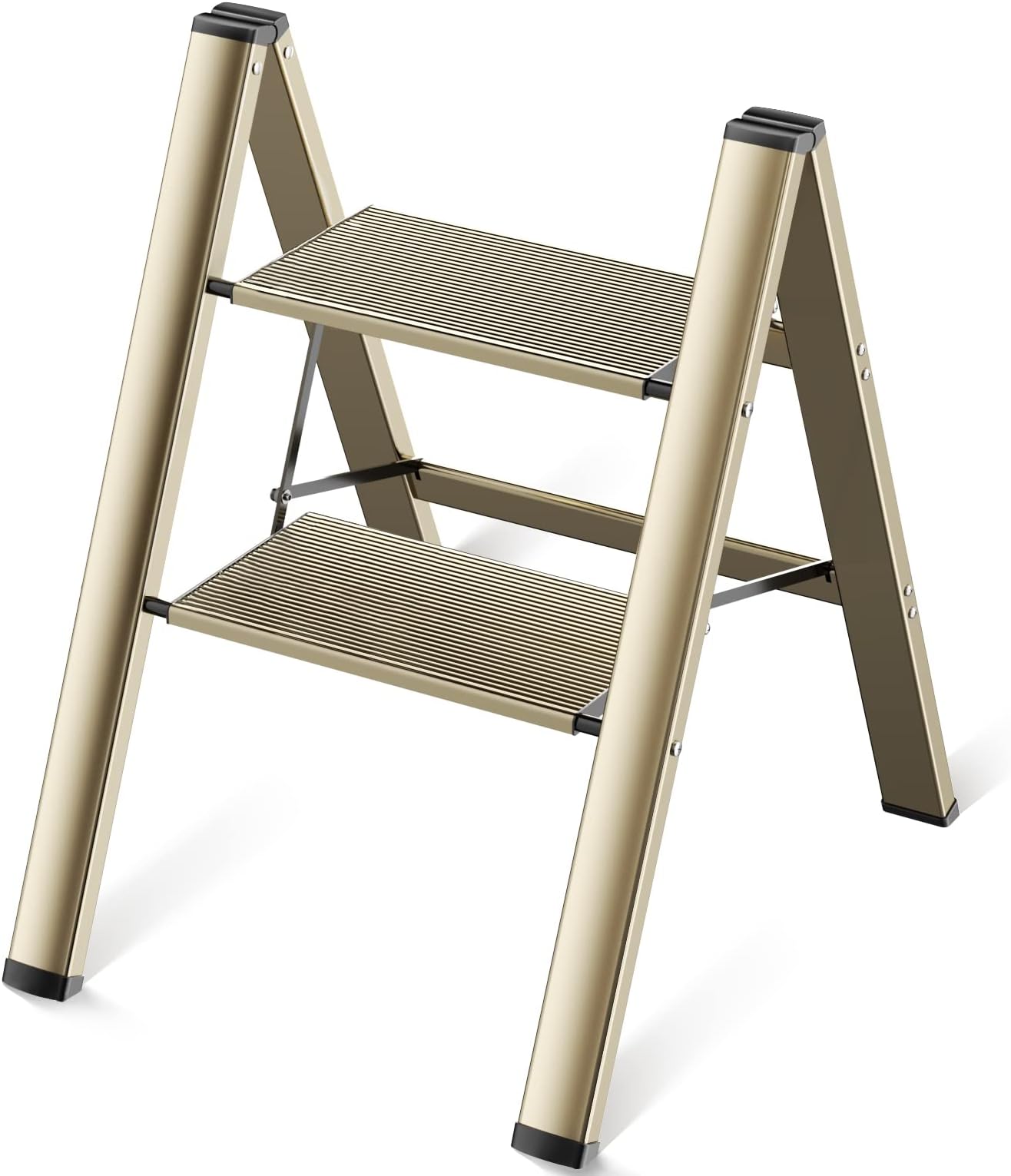 2 Step Ladder,Folding Step Stool Anti-Slip Wide Pedal Portable Stepladder Storage Shelf Rack Adults Stools Lightweight Home Kitchen Gold Ladders