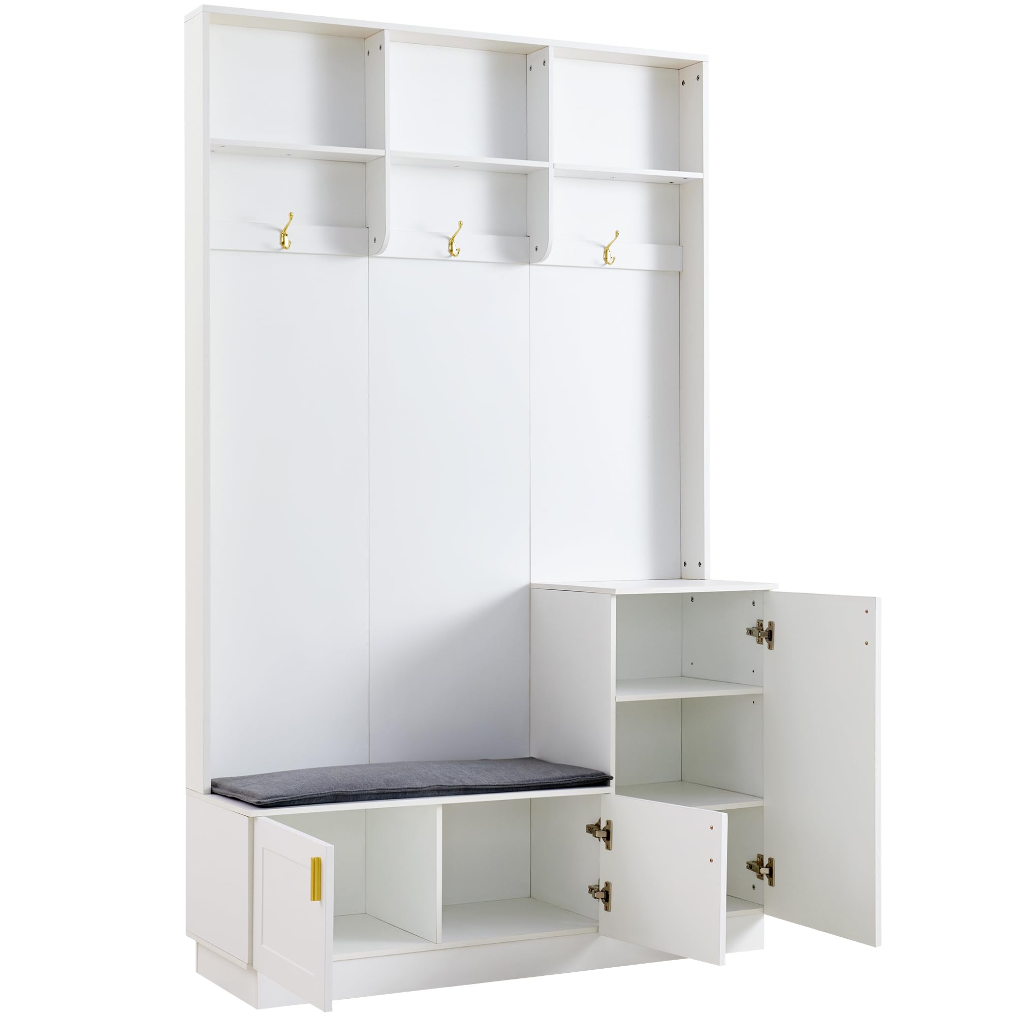 H200/B120/T40 cm con banco y zapatero, banco de almacenamiento multifuncional con 3 ganchos colgantes y espacio de almacenamiento abierto, almacenamiento rectangular y estantes para pasillo, color