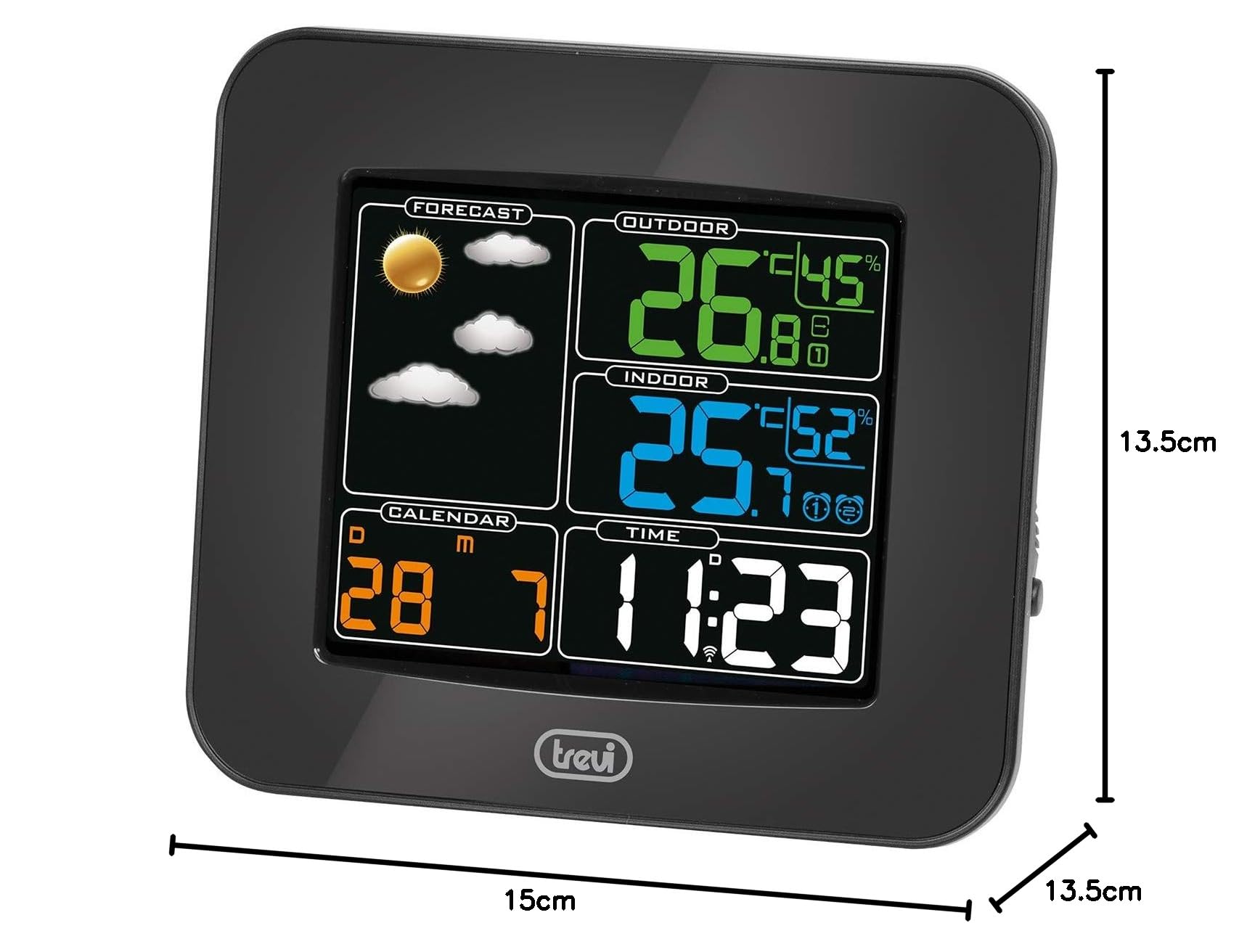 Trevi ME 3165 RC Stazione Meteo con Display a Colori Radiocontrollato e Sensore Esterno Senza Fili, Termometro, Umidità, Due Sveglie, Funzione Snooze