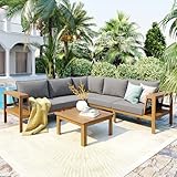 Merax 4 Pieces Patio Furniture Set, Outdoor L-Shaped Sectional Sofa Set with Coffee Table, Acacia Wood Conversation Seating & Thick Cushions and Side Table, for Garden, Poolside and Backyard, Gray