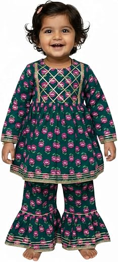 BabyMoo Cotton Girls Two Piece Kurti Sharara Set I Floral Printed Full Sleeve Sharara Set | Traditional Ethnic Wear Clothi...