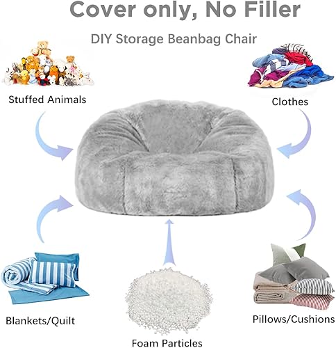 Miniatura 6 de (No Filler) 6FT Giant Bean Bag Chair Cover Soft Faux RH Fur Sofa Bed Washable Bean Bag Couch Cover for Adult and Kids with Liner Gris,claro,Negro -