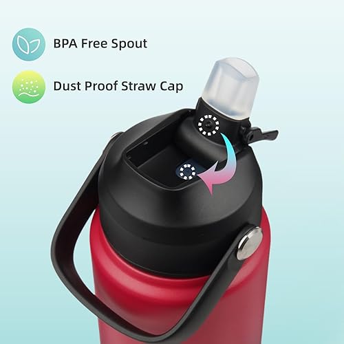 Miniatura 5 de Botella de agua aislada con tapa de pajilla, botella de metal al vacío de acero inoxidable de 40 onzas con mango de silicona, color rojo rosado