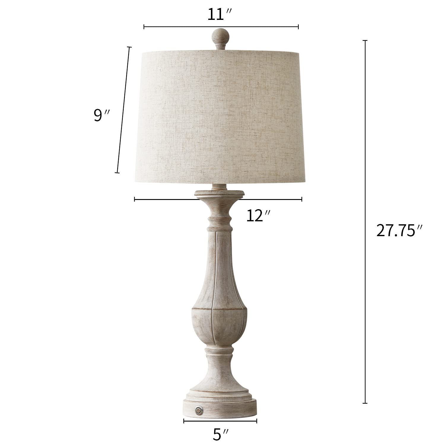 PoKat Farmhouse 3 Way Dimmable Touch Table Lamp Sets of 2 Rustic Classic Bedside Nightstand Lamps for Living Room Bedroom with 2 USB Ports Washed White (2 Bulbs Included)