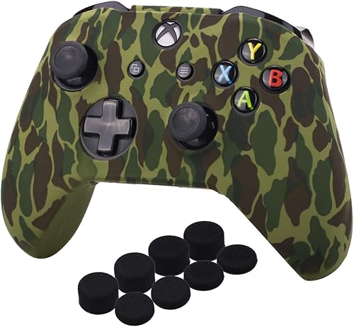 Water Transfer Printing Camouflage Silicone Cover Skin Case for Microsoft Xbox One X & Xbox One S Controller x 1(Forest) with PRO Thumb Grips x 8