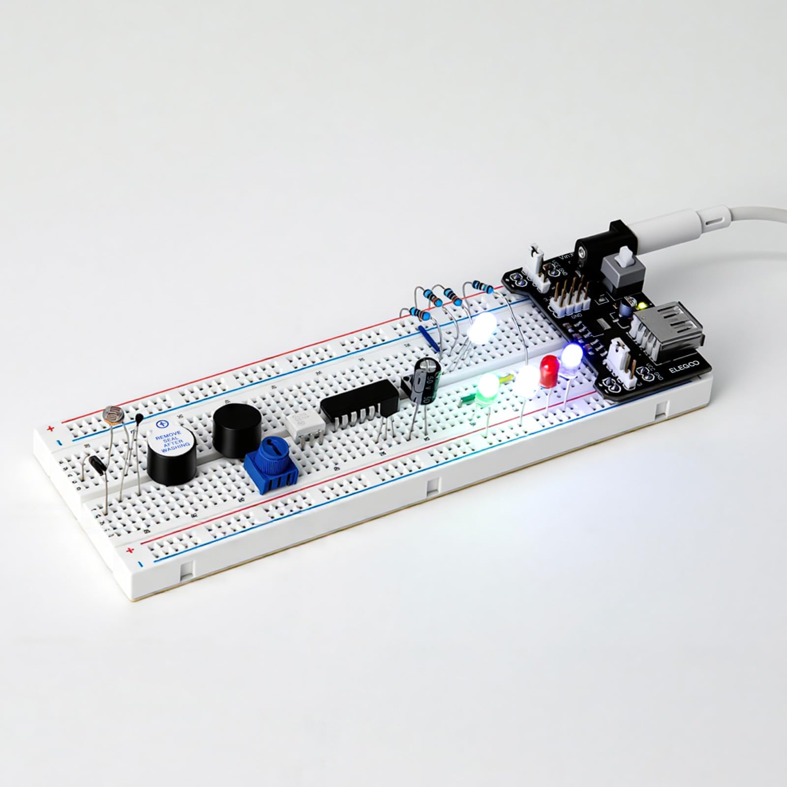 ELEGOO Kit Électronique Mis à Jour avec Module d'alimentation, Câbles Jumpers, Potentiomètre de précision, Plaque de Test 830 Points pour Mega Nano et STM32