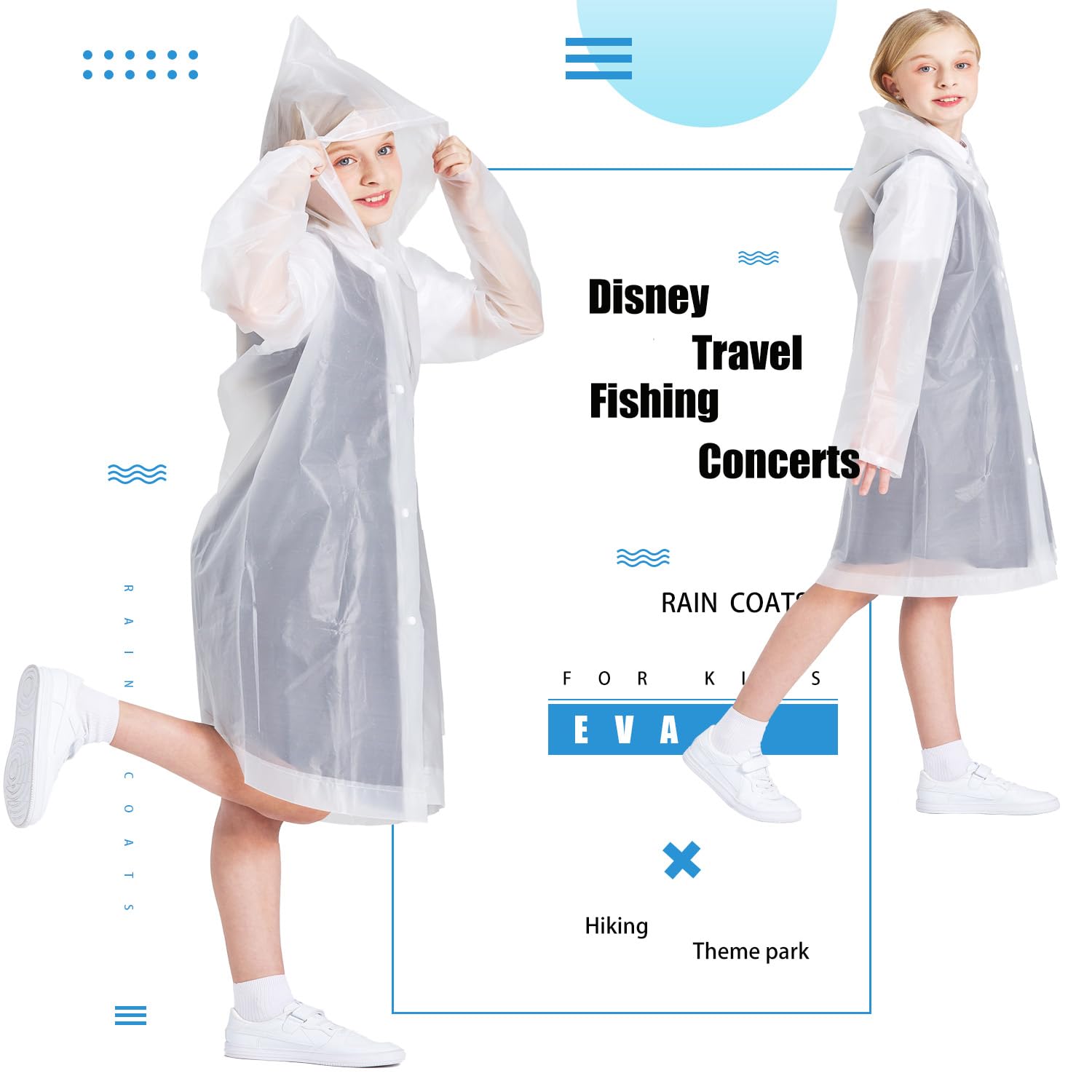SWOGAA Raincoats for Kids -Reusable 3 Pack EVA Ponchos for Boys Girls with Drawstring Hood and Sleeves-Waterproof Rain Coats Perfect for Camping- Rain Jacket with Cuff Size Adjusters